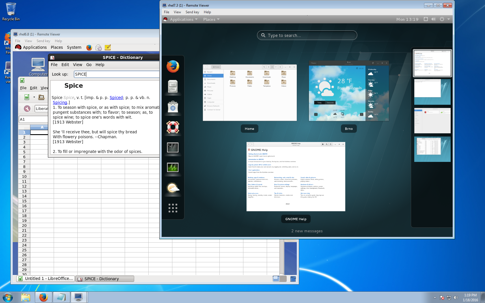 Windows7 client connected to RHEL6 and RHEL7 guests